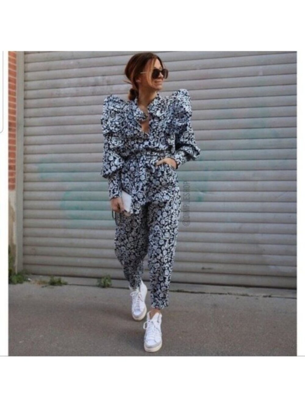 Zara Floral Poplin Ruffle Jumpsuit XS Blue Belted SS20 Blogger Fav TRF Cotton